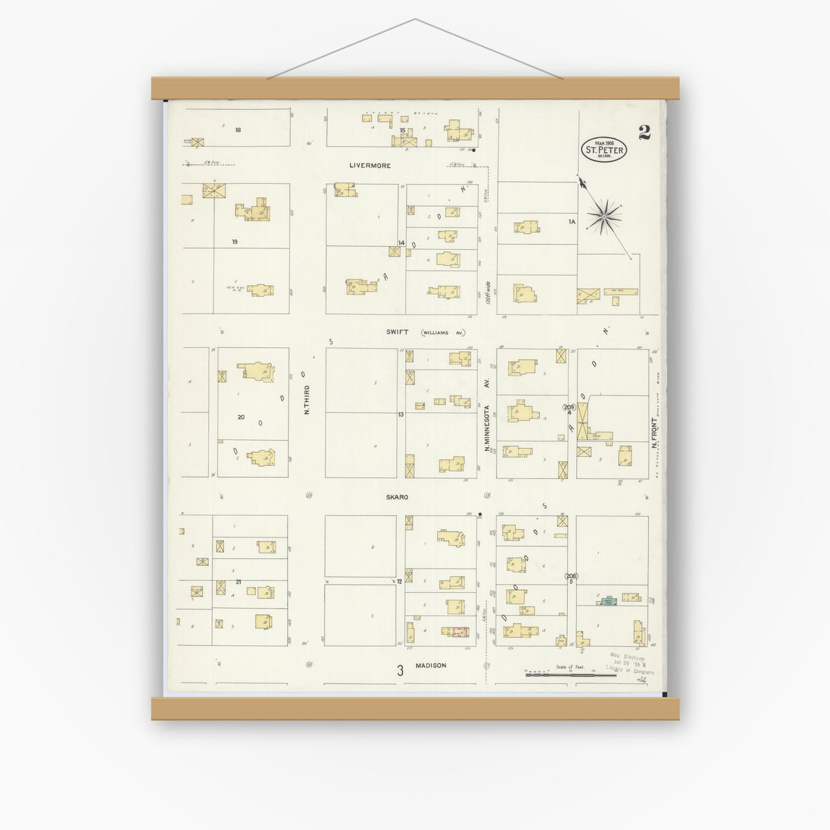 Old map wall art mockup — magnetic wood frame on white wall — Sanborn Fire Insurance Map from Saint Peter, Nicollet County, Minnesota (1908), Sheet #0002