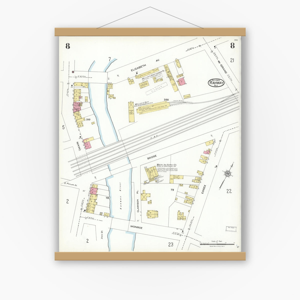 Old map wall art mockup — magnetic wood frame on white wall — Sanborn Fire Insurance Map from Rahway, Union County, New Jersey (1923), Sheet #0008