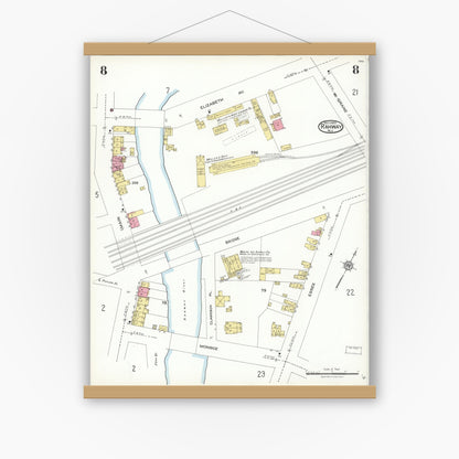 Old map wall art mockup — magnetic wood frame on white wall — Sanborn Fire Insurance Map from Rahway, Union County, New Jersey (1923), Sheet #0008