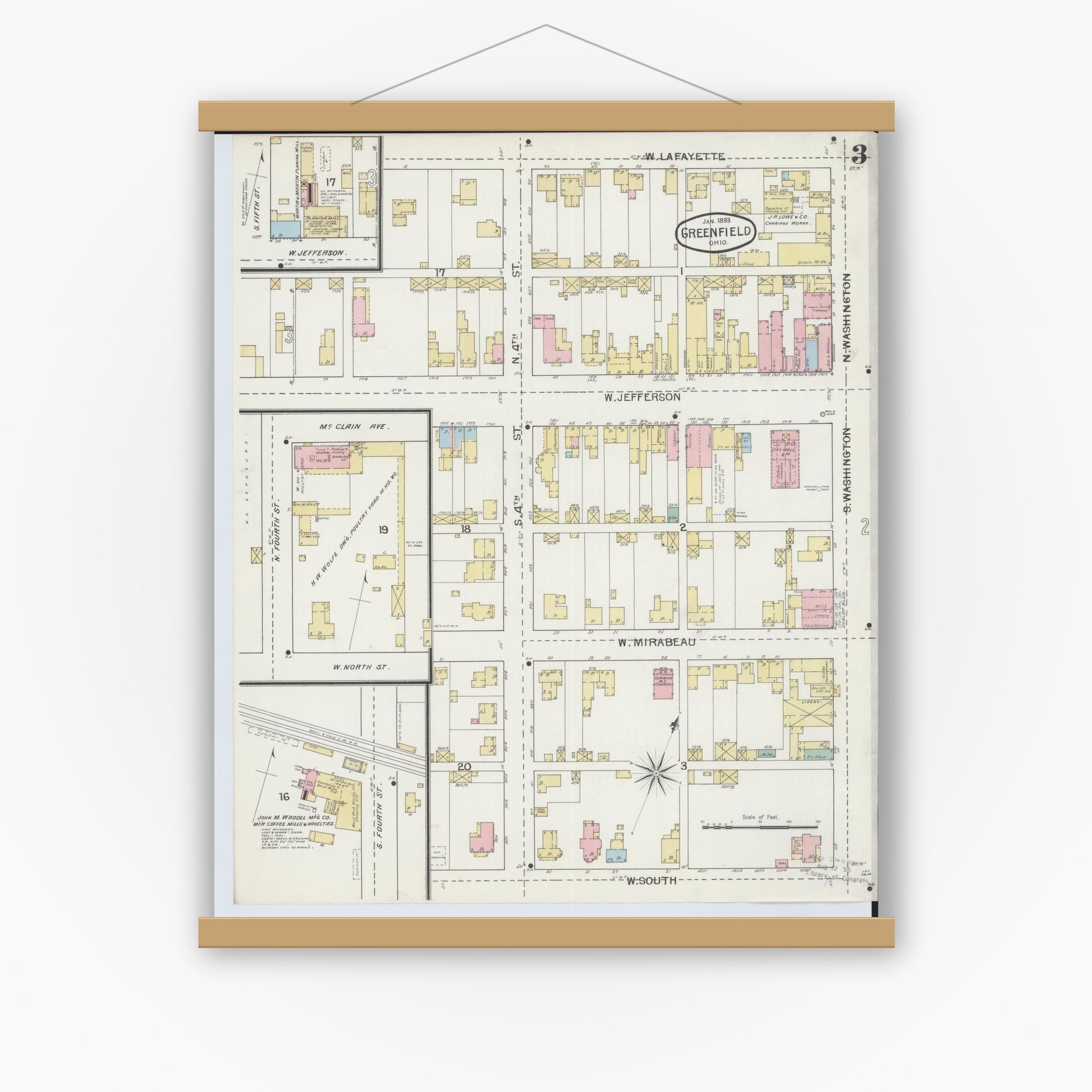 Old map wall art mockup — magnetic wood frame on white wall — Sanborn Fire Insurance Map from Greenfield, Highland County, Ohio (1893), Sheet #0003