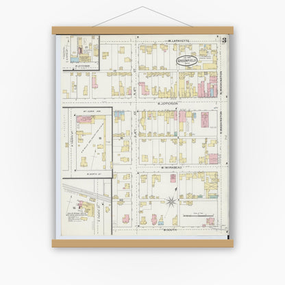 Old map wall art mockup — magnetic wood frame on white wall — Sanborn Fire Insurance Map from Greenfield, Highland County, Ohio (1893), Sheet #0003