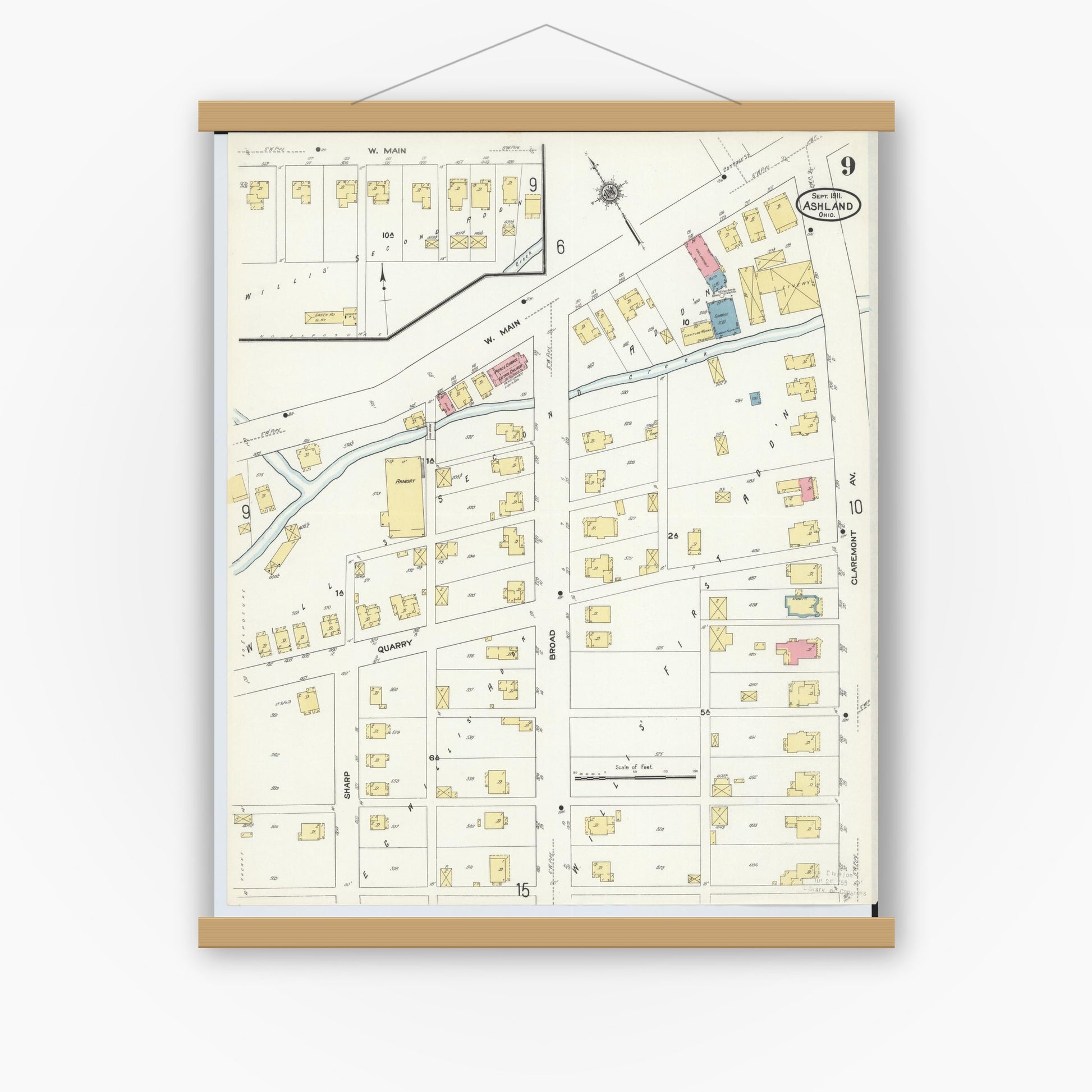 Old map wall art mockup — magnetic wood frame on white wall — Sanborn Fire Insurance Map from Ashland, Ashland County, Ohio (1911), Sheet #0009