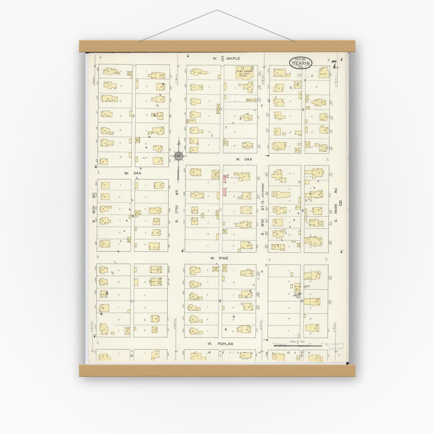 Old map wall art mockup — magnetic wood frame on white wall — Sanborn Fire Insurance Map from Herrin, Williamson County, Illinois (1913), Sheet #0007