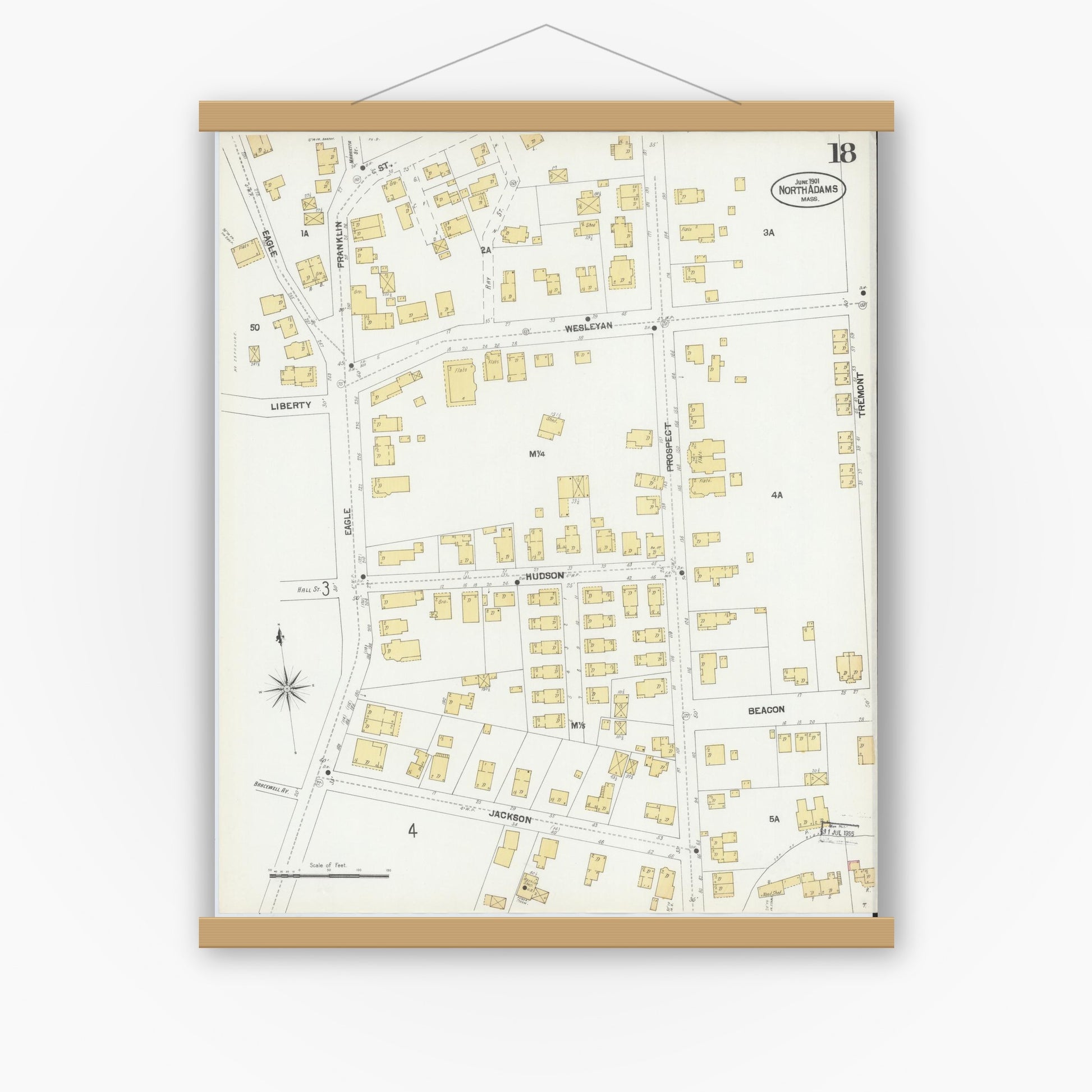 Old map wall art mockup — magnetic wood frame on white wall — Sanborn Fire Insurance Map from North Adams, Berkshire County, Massachusetts (1901), Sheet #0018