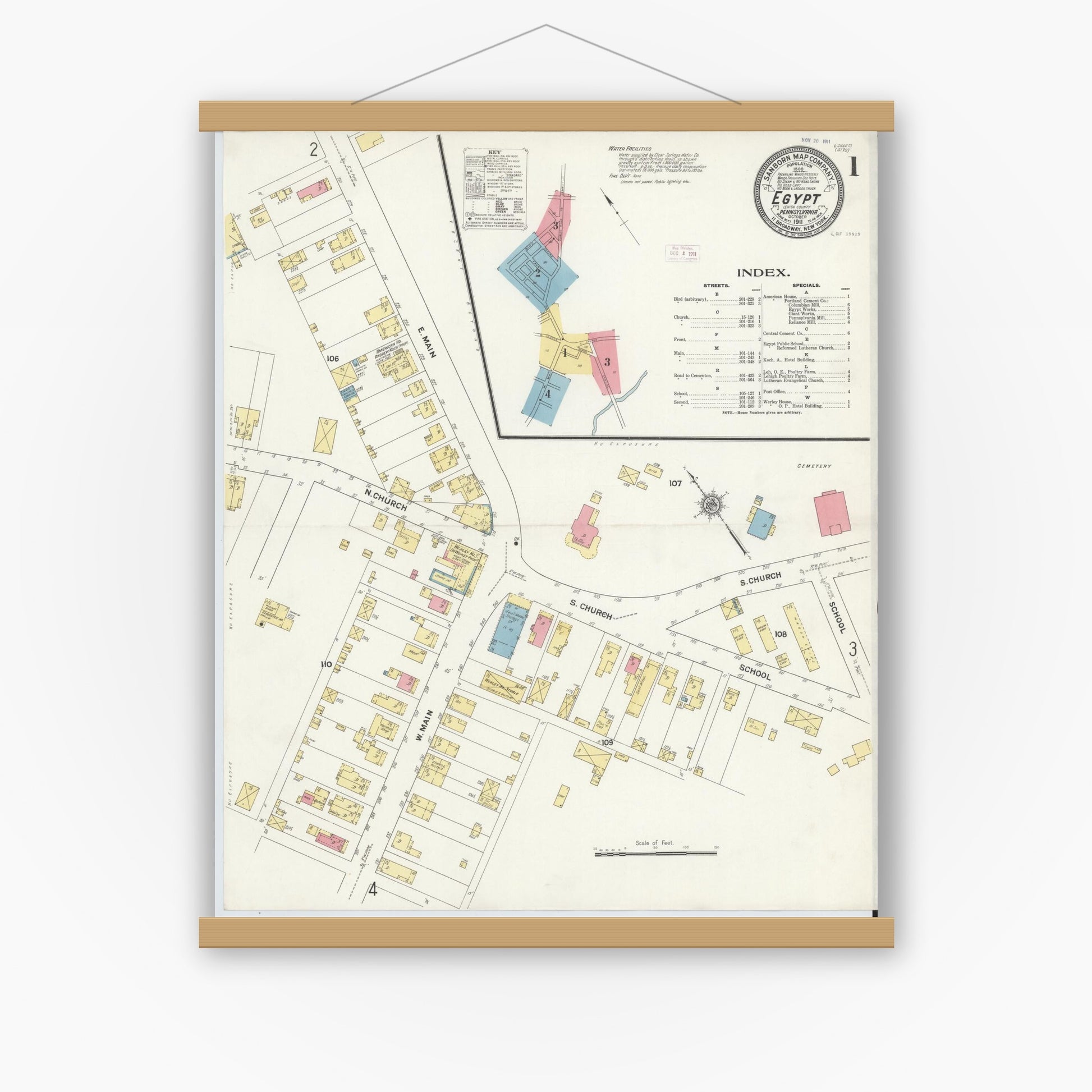 Old map wall art mockup — magnetic wood frame on white wall — Sanborn Fire Insurance Map from Egypt, Lehigh County, Pennsylvania (1911) - Complete Map Set