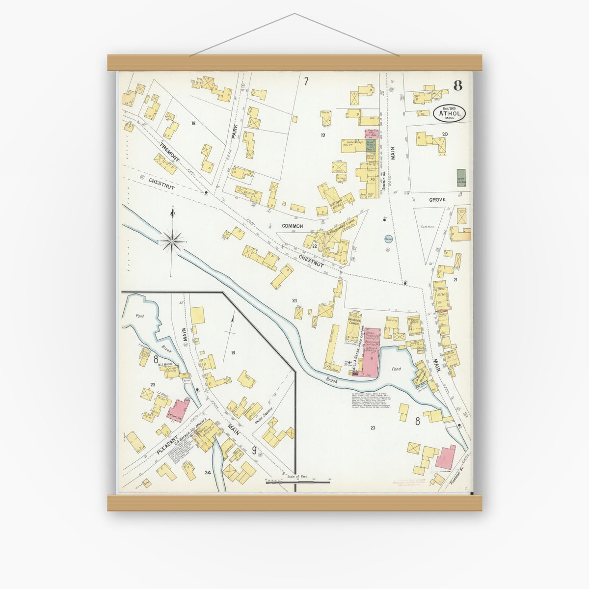 Old map wall art mockup — magnetic wood frame on white wall — Sanborn Fire Insurance Map from Athol, Worcester County, Massachusetts (1900), Sheet #0008