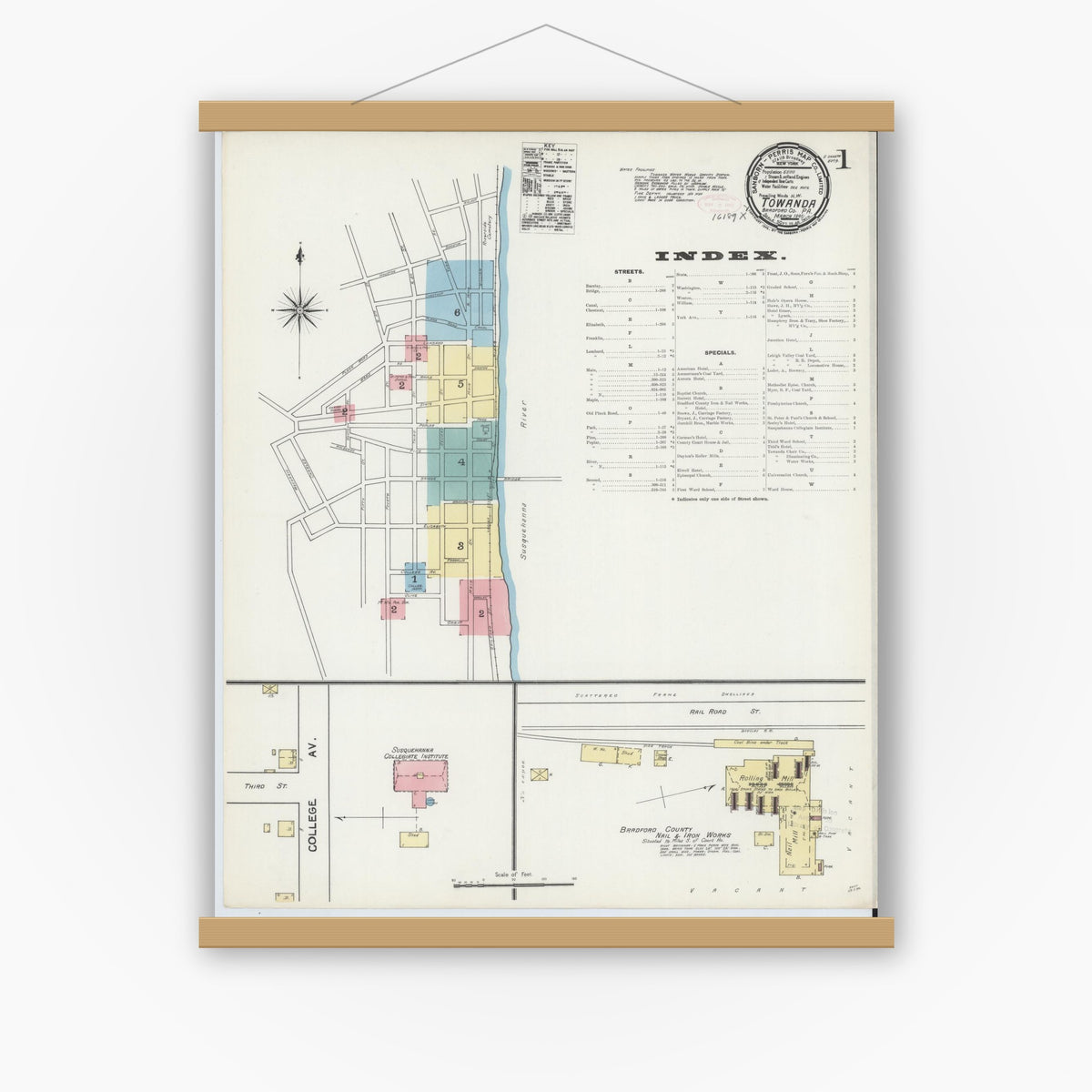 Old map wall art mockup — magnetic wood frame on white wall — Sanborn Fire Insurance Map from Towanda, Bradford County, Pennsylvania (1892) - Complete Map Set