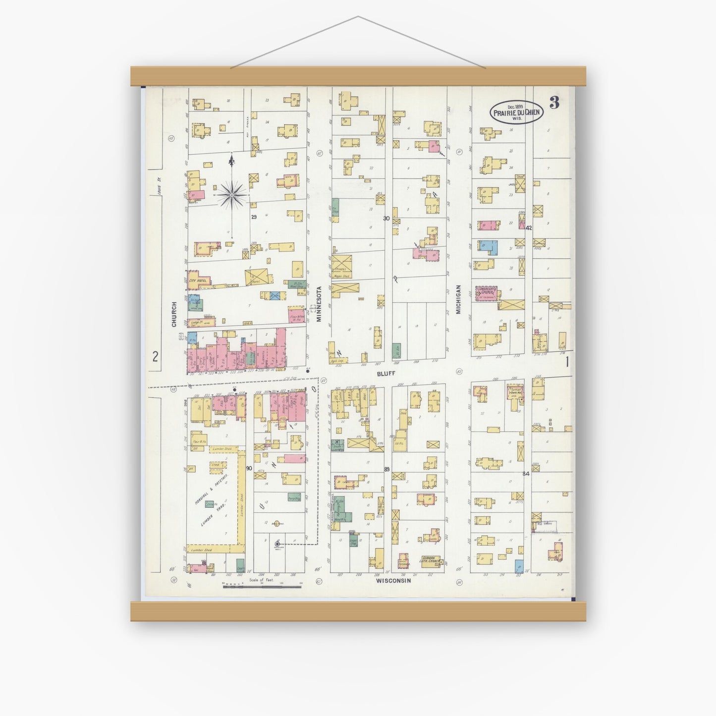Old map wall art mockup — magnetic wood frame on white wall — Sanborn Fire Insurance Map from Prairie du Chien, Crawford County, Wisconsin (1899), Sheet #0003