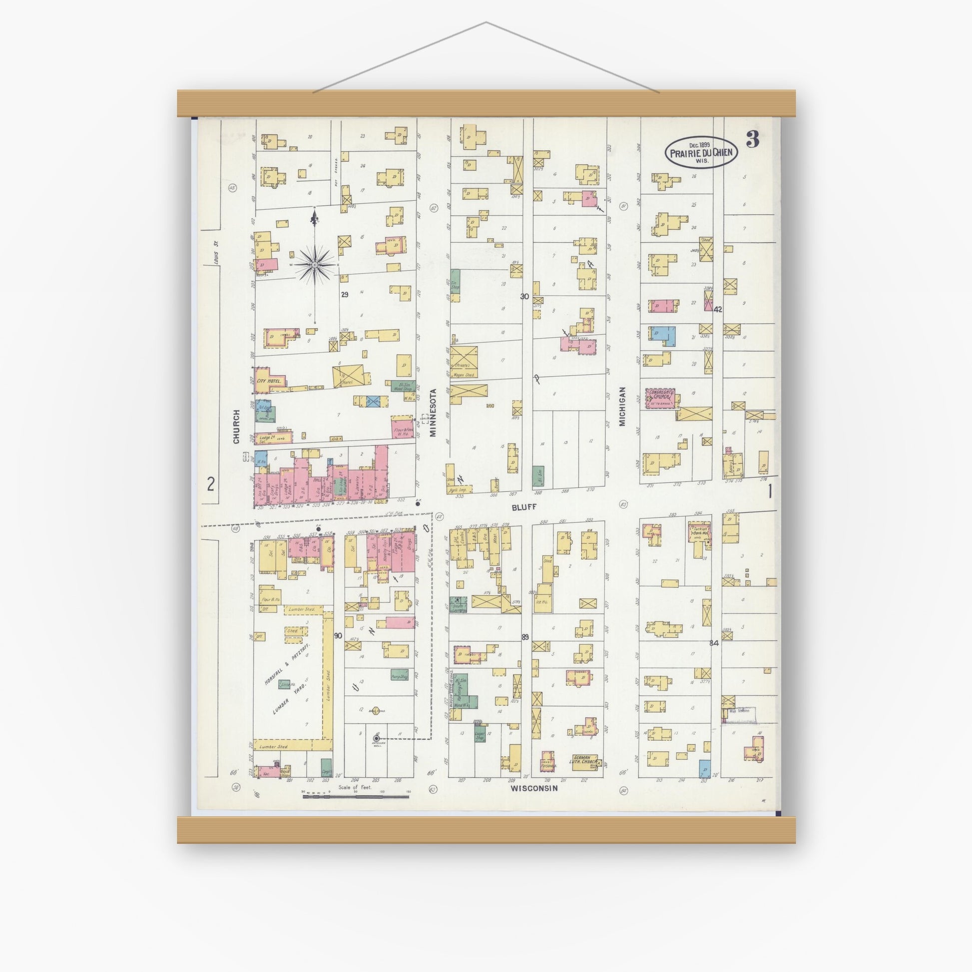 Old map wall art mockup — magnetic wood frame on white wall — Sanborn Fire Insurance Map from Prairie du Chien, Crawford County, Wisconsin (1899), Sheet #0003