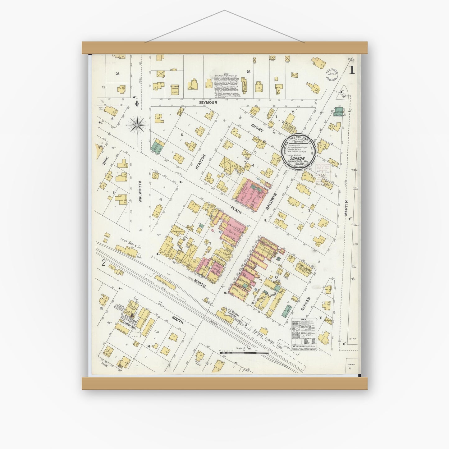 Old map wall art mockup — magnetic wood frame on white wall — Sanborn Fire Insurance Map from Sharon, Walworth County, Wisconsin (1899), Sheet #0001