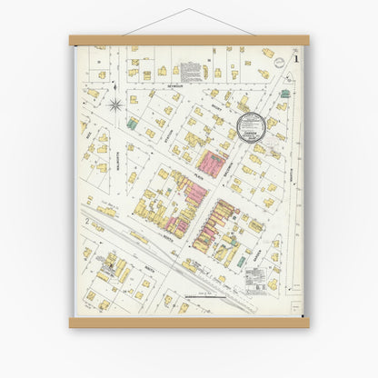 Old map wall art mockup — magnetic wood frame on white wall — Sanborn Fire Insurance Map from Sharon, Walworth County, Wisconsin (1899), Sheet #0001
