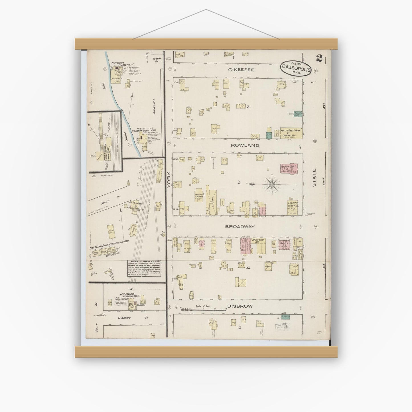 Old map wall art mockup — magnetic wood frame on white wall — Sanborn Fire Insurance Map from Cassopolis, Cass County, Michigan (1884), Sheet #0002
