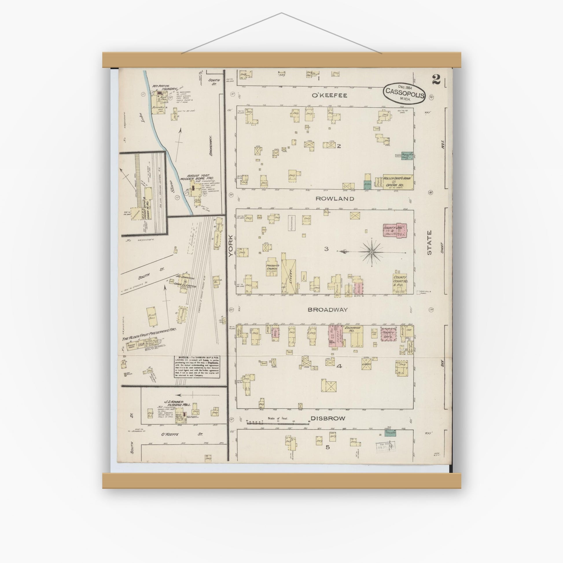 Old map wall art mockup — magnetic wood frame on white wall — Sanborn Fire Insurance Map from Cassopolis, Cass County, Michigan (1884), Sheet #0002