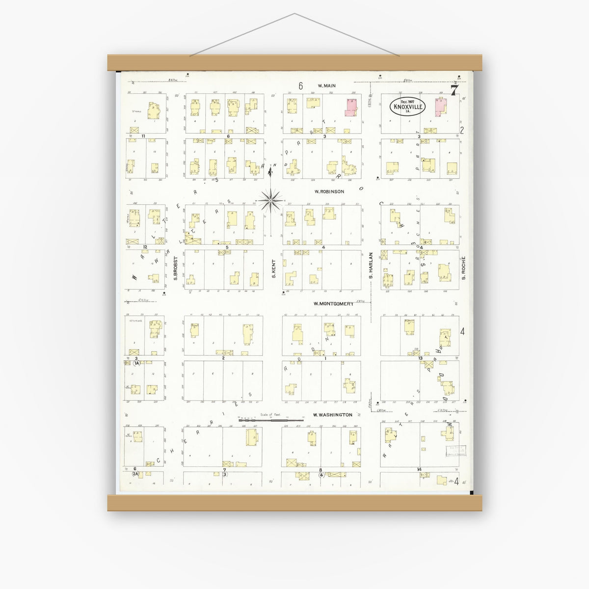 Old map wall art mockup — magnetic wood frame on white wall — Sanborn Fire Insurance Map from Knoxville, Marion County, Iowa (1907), Sheet #0007