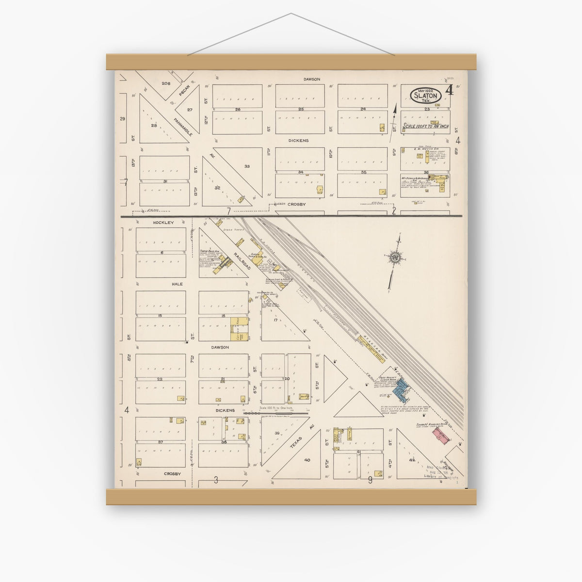 Old map wall art mockup — magnetic wood frame on white wall — Sanborn Fire Insurance Map from Slaton, Lubbock County, Texas (1922), Sheet #0004