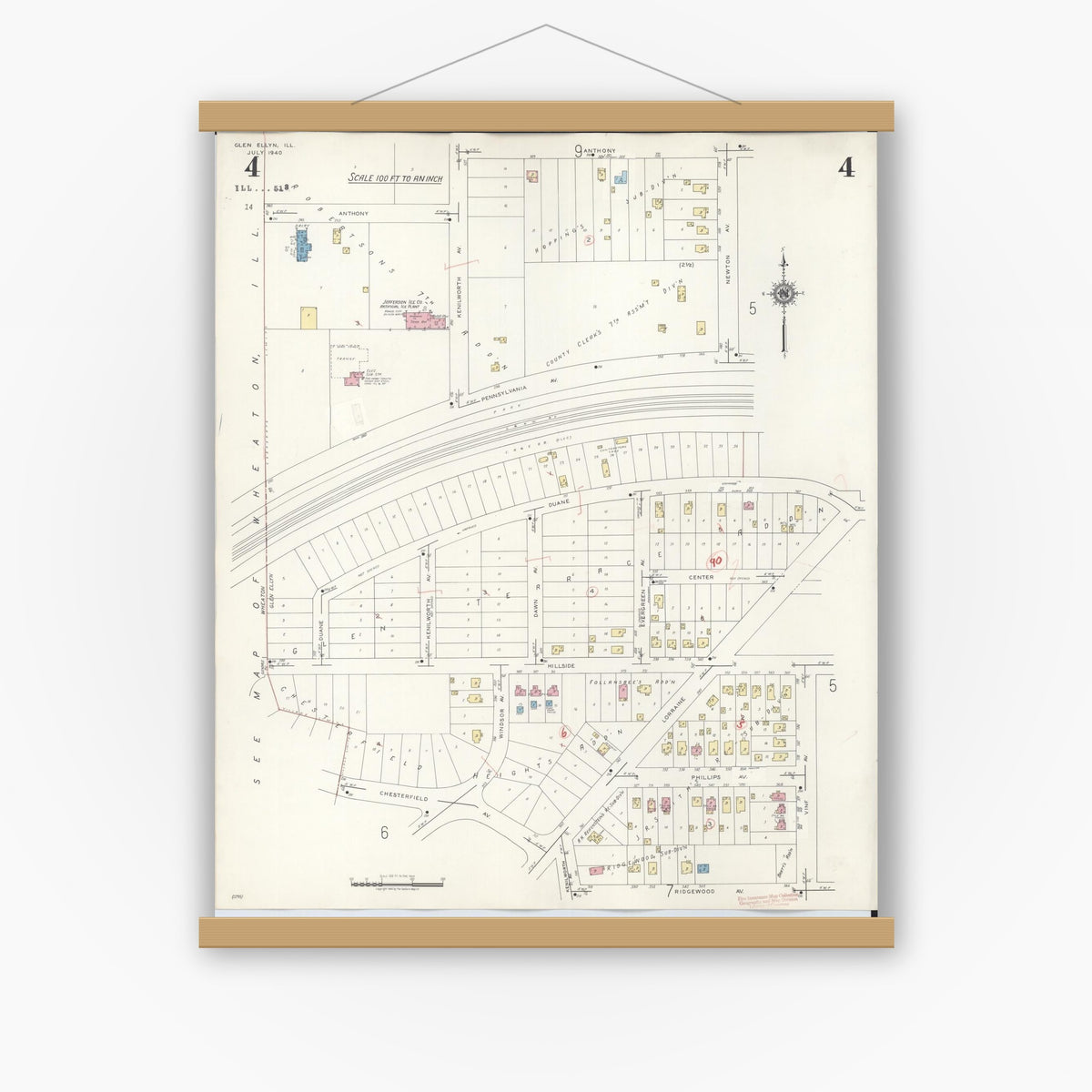 Old map wall art mockup — magnetic wood frame on white wall — Sanborn Fire Insurance Map from Glen Ellyn, Du Page County, Illinois (1946), Sheet #0004