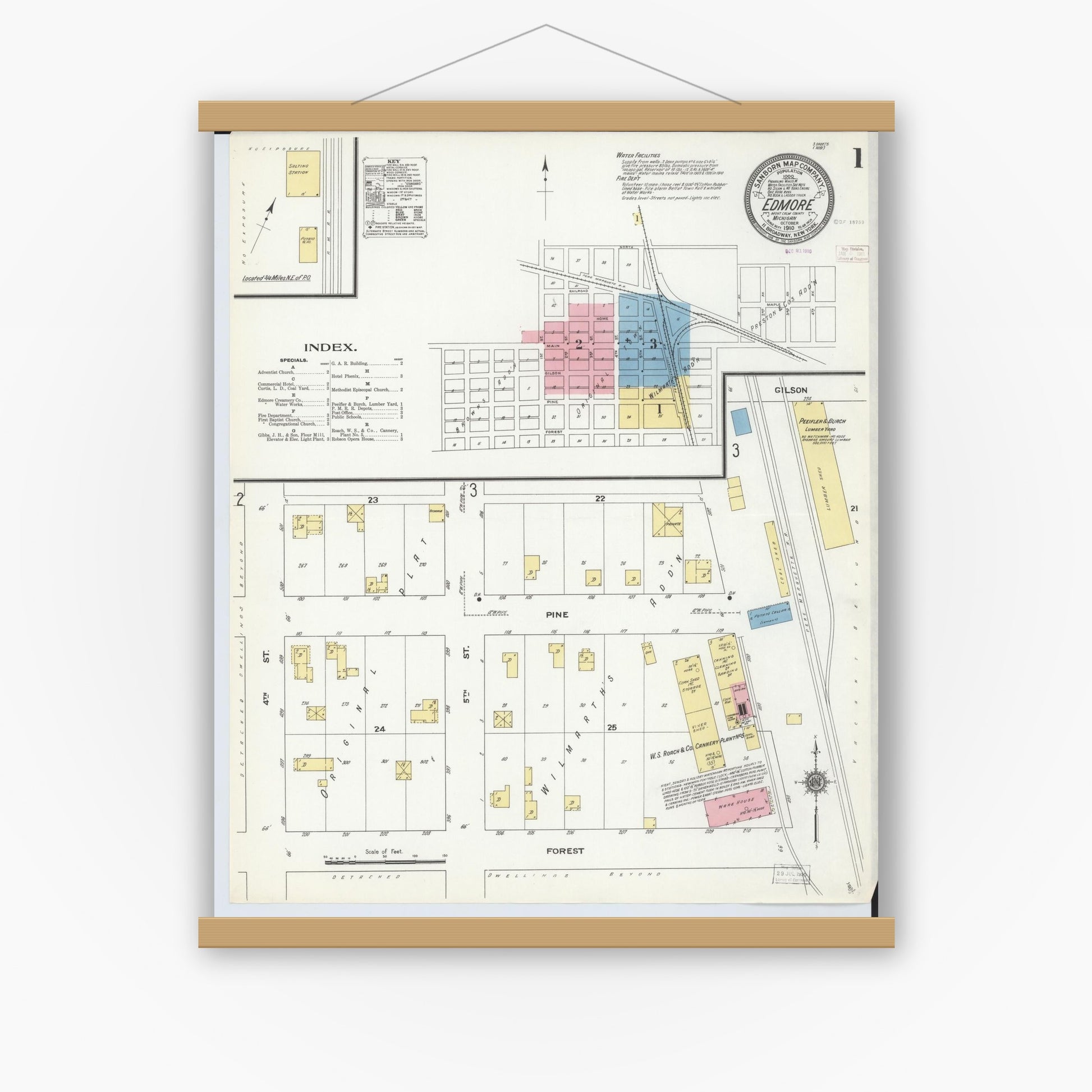 Old map wall art mockup — magnetic wood frame on white wall — Sanborn Fire Insurance Map from Edmore, Montcalm County, Michigan (1910), Sheet #0001