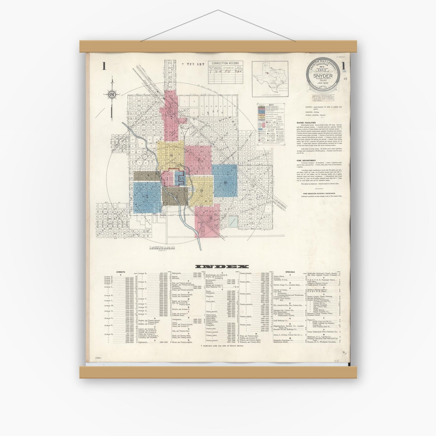 Old map wall art mockup — magnetic wood frame on white wall — Sanborn Fire Insurance Map from Snyder, Scurry County, Texas (1942) - Complete Map Set