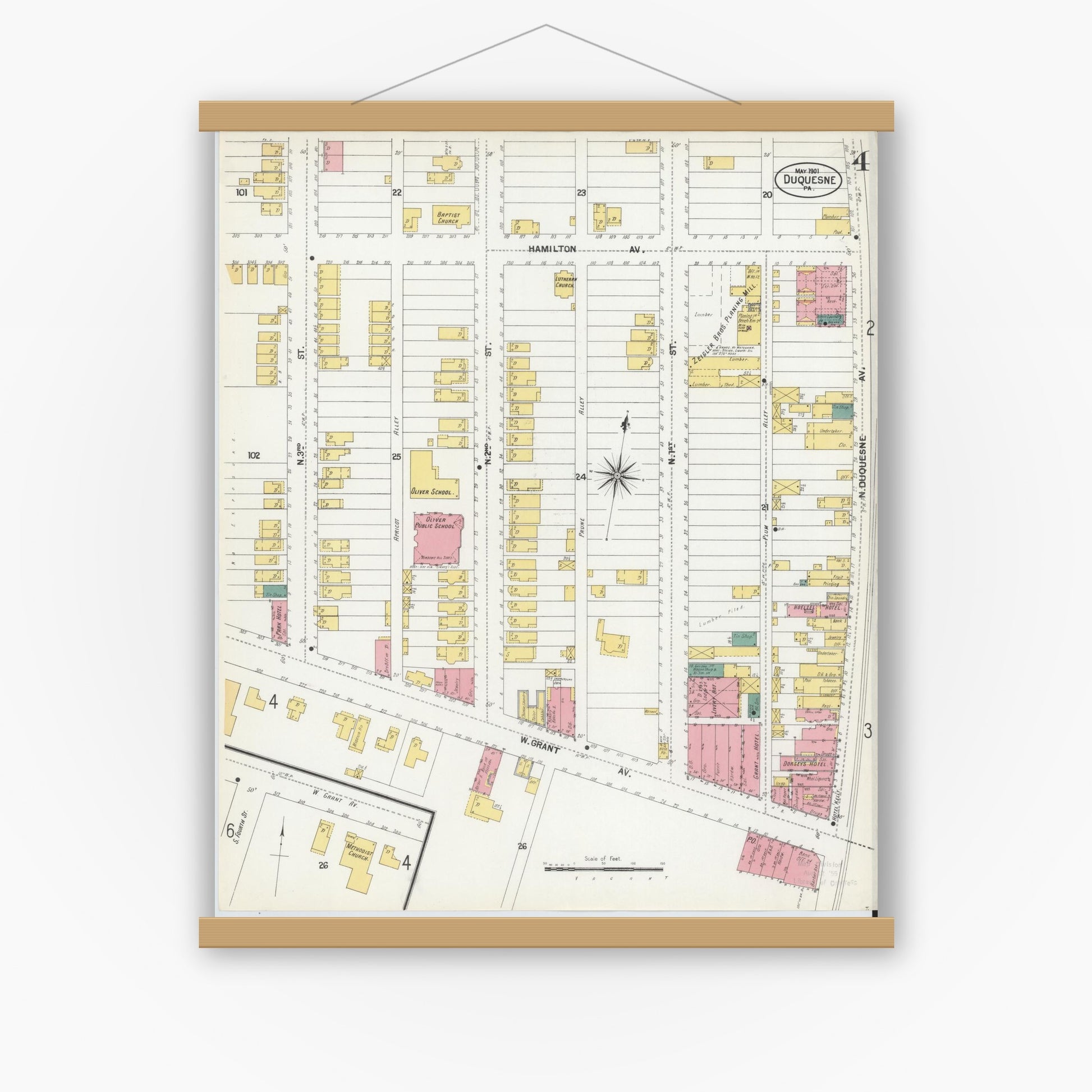 Old map wall art mockup — magnetic wood frame on white wall — Sanborn Fire Insurance Map from Duquesne, Allegheny County, Pennsylvania (1901), Sheet #0004
