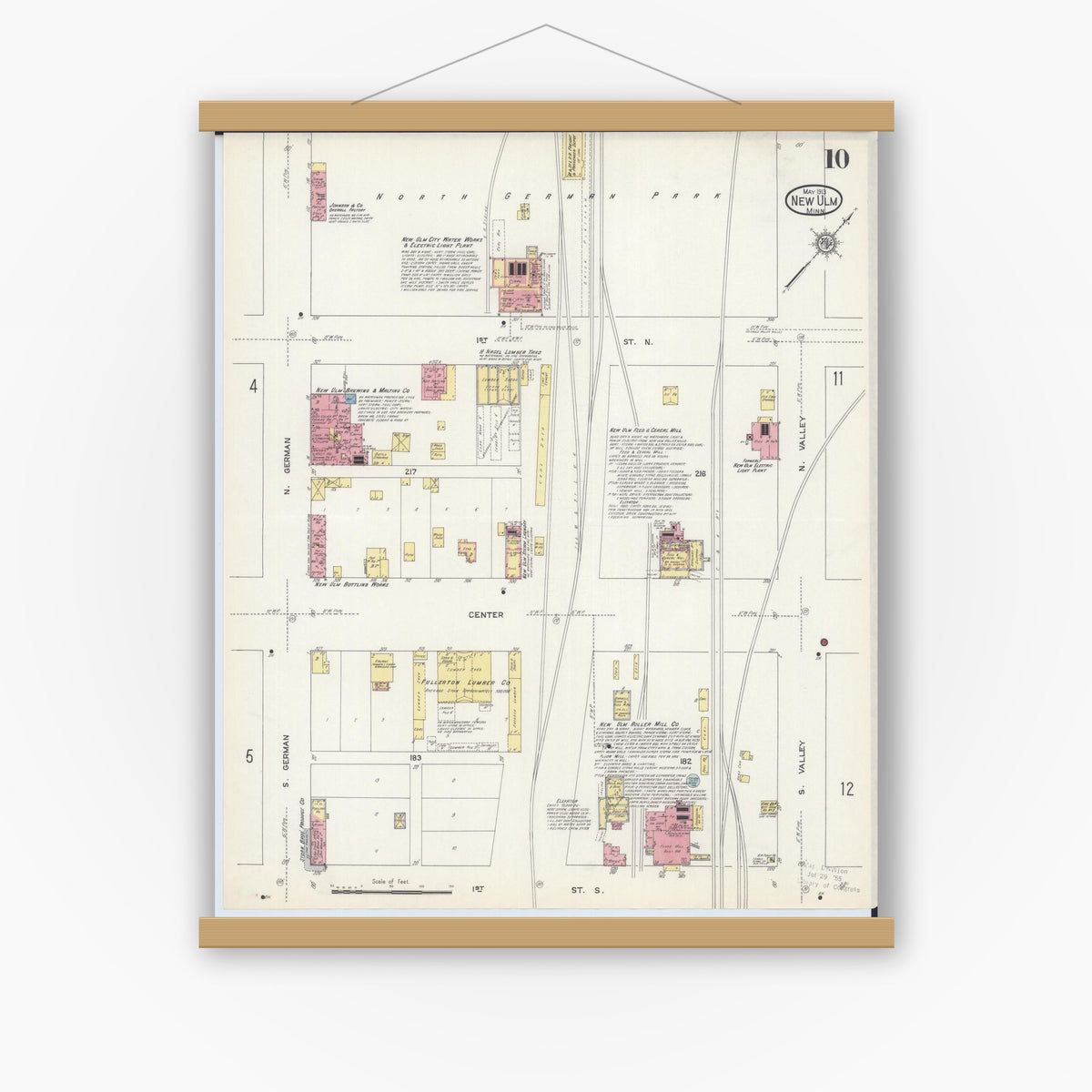 Old map wall art mockup — magnetic wood frame on white wall — Sanborn Fire Insurance Map from New Ulm, Brown County, Minnesota (1913), Sheet #0010