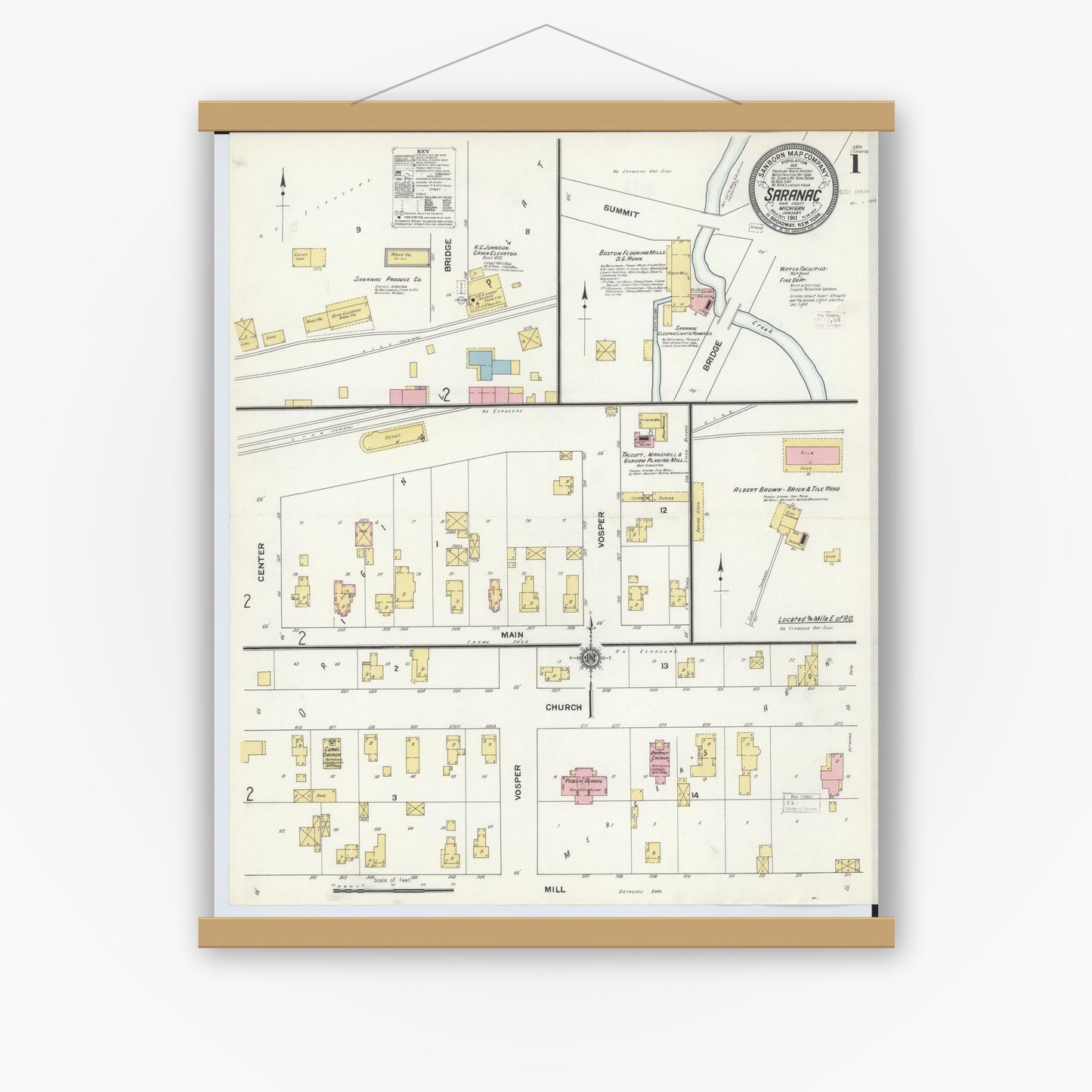 Old map wall art mockup — magnetic wood frame on white wall — Sanborn Fire Insurance Map from Saranac, Ionia County, Michigan (1911) - Complete Map Set