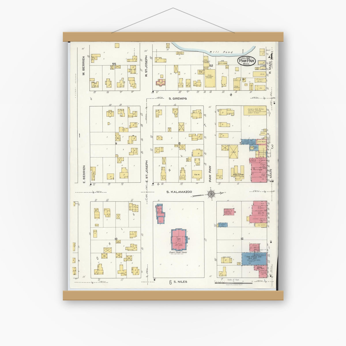 Old map wall art mockup — magnetic wood frame on white wall — Sanborn Fire Insurance Map from Paw Paw, Van Buren County, Michigan (1922), Sheet #0004