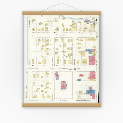 Old map wall art mockup — magnetic wood frame on white wall — Sanborn Fire Insurance Map from Paw Paw, Van Buren County, Michigan (1922), Sheet #0004