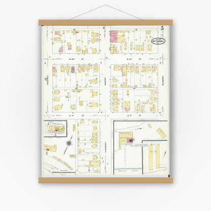 Old map wall art mockup — magnetic wood frame on white wall — Sanborn Fire Insurance Map from Mount Carmel, Wabash County, Illinois (1910), Sheet #0005