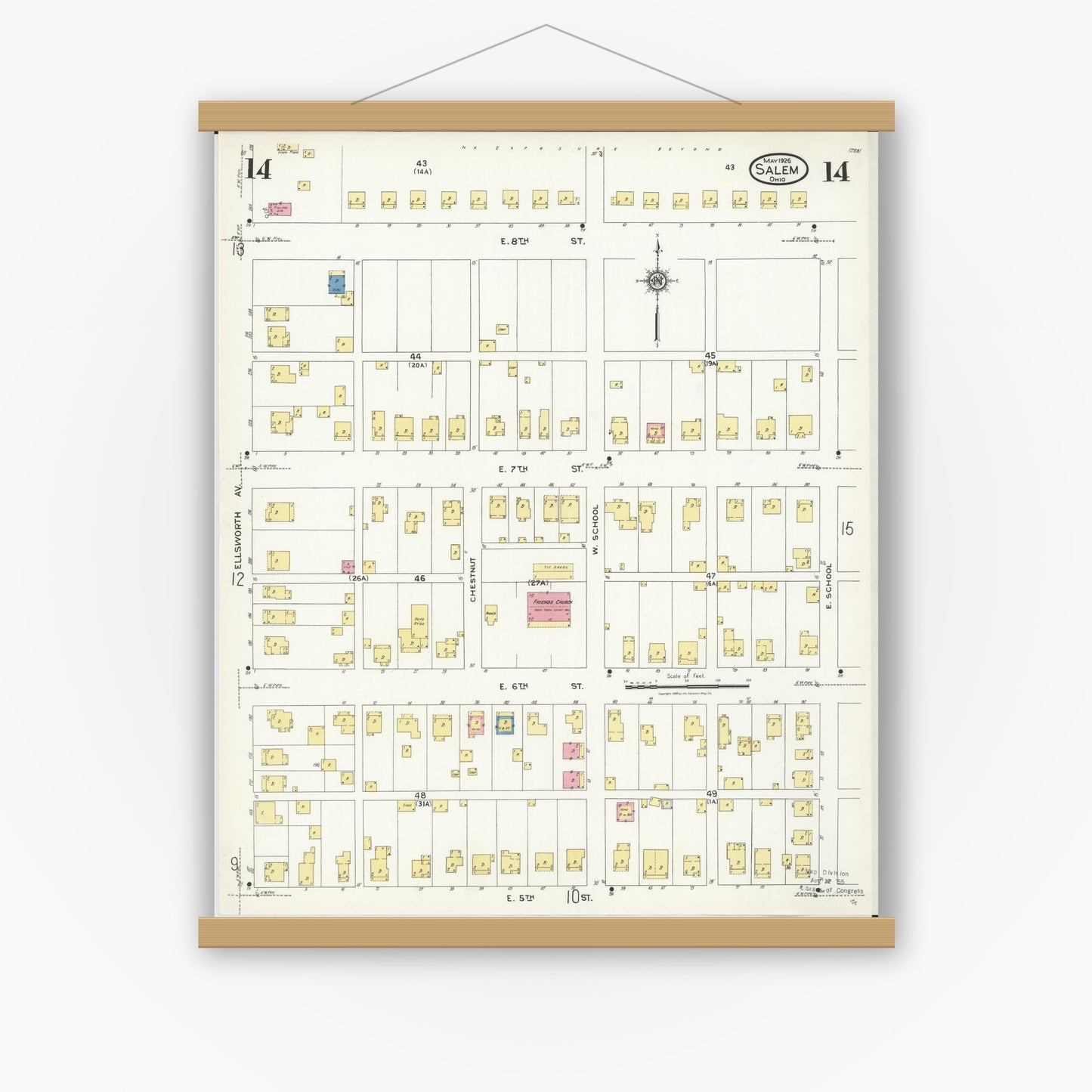 Old map wall art mockup — magnetic wood frame on white wall — Sanborn Fire Insurance Map from Salem, Columbiana County, Ohio (1926), Sheet #0014