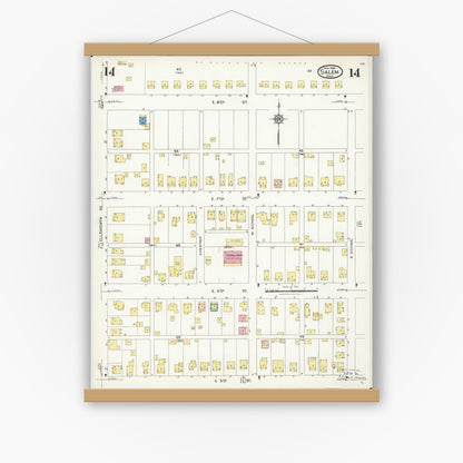 Old map wall art mockup — magnetic wood frame on white wall — Sanborn Fire Insurance Map from Salem, Columbiana County, Ohio (1926), Sheet #0014