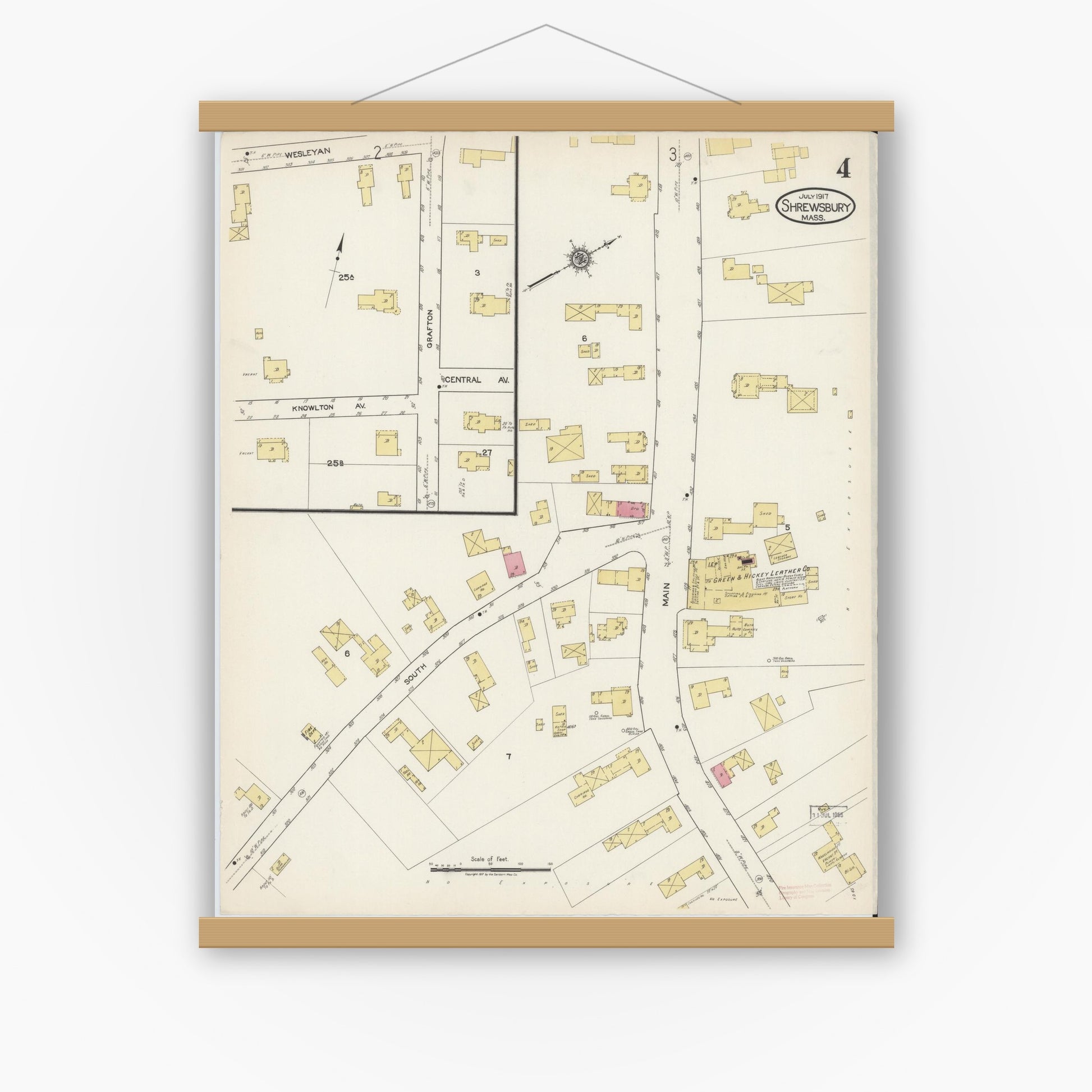 Old map wall art mockup — magnetic wood frame on white wall — Sanborn Fire Insurance Map from Shrewsbury, Worcester County, Massachusetts (1917), Sheet #0004