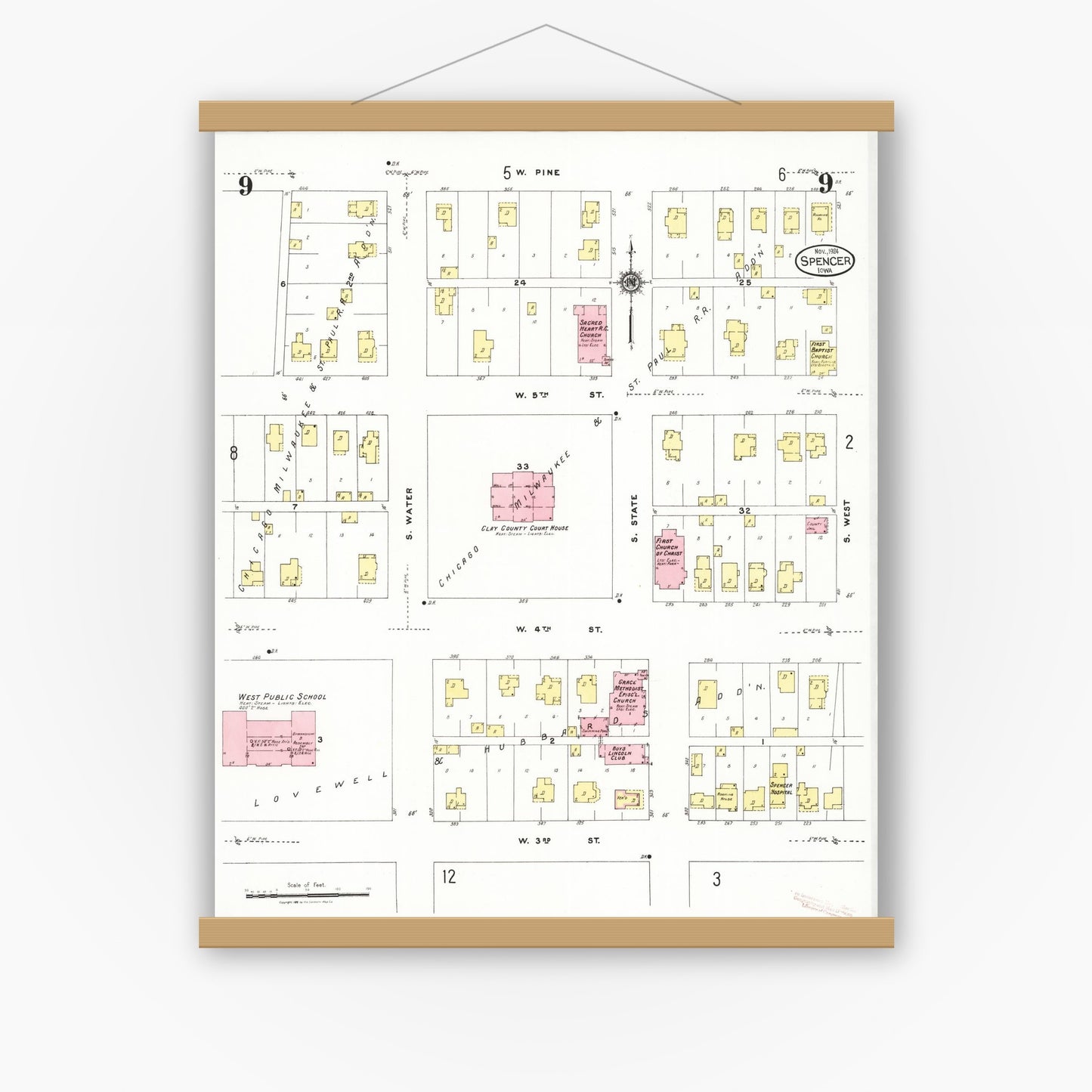 Old map wall art mockup — magnetic wood frame on white wall — Sanborn Fire Insurance Map from Spencer, Clay County, Iowa (1924), Sheet #0009