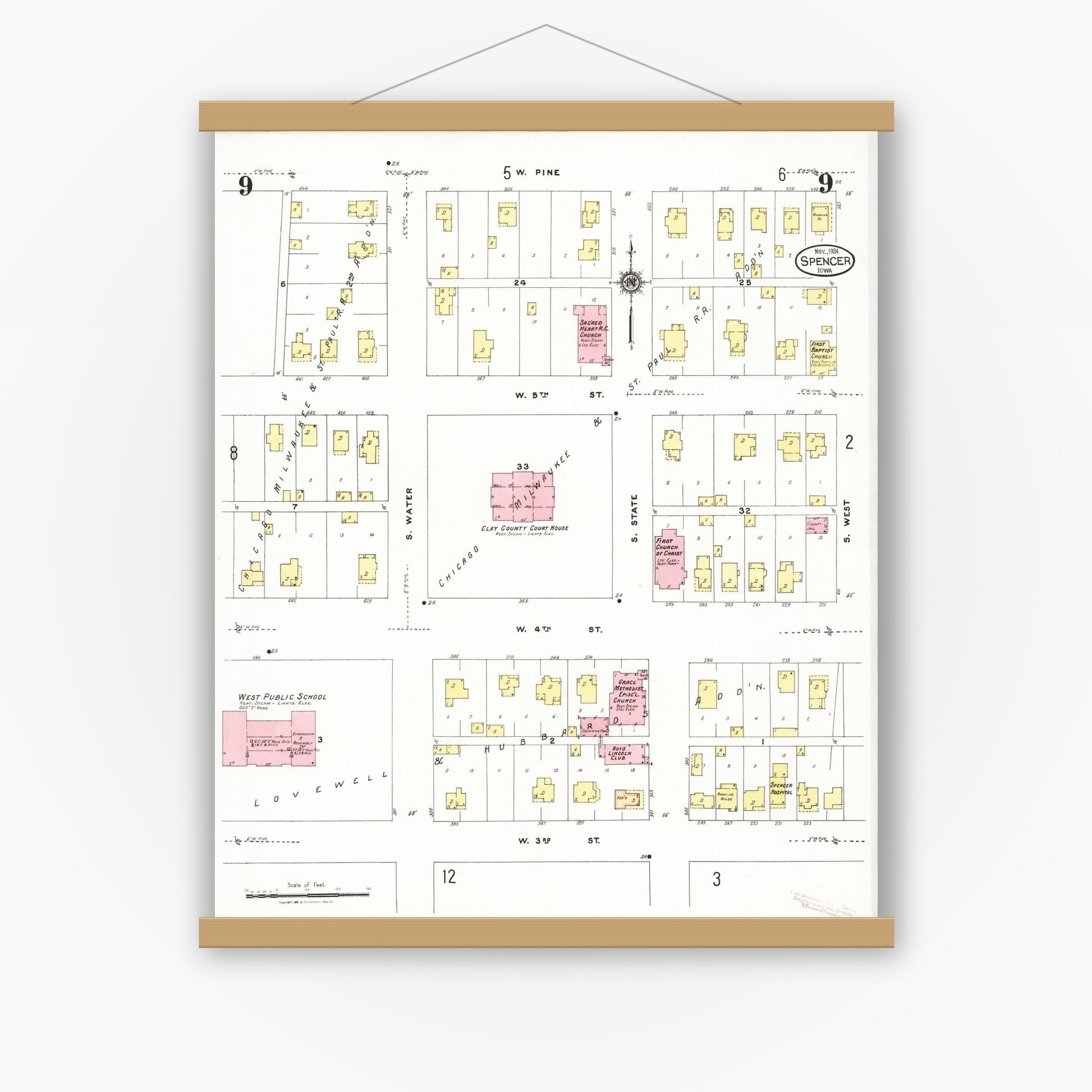 Old map wall art mockup — magnetic wood frame on white wall — Sanborn Fire Insurance Map from Spencer, Clay County, Iowa (1924), Sheet #0009
