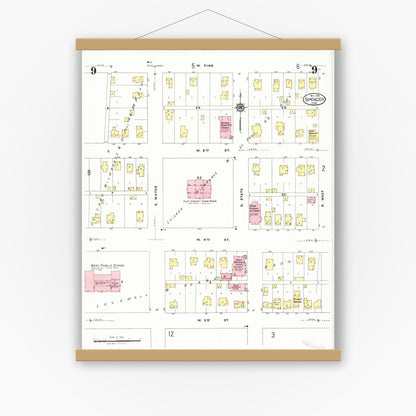 Old map wall art mockup — magnetic wood frame on white wall — Sanborn Fire Insurance Map from Spencer, Clay County, Iowa (1924), Sheet #0009