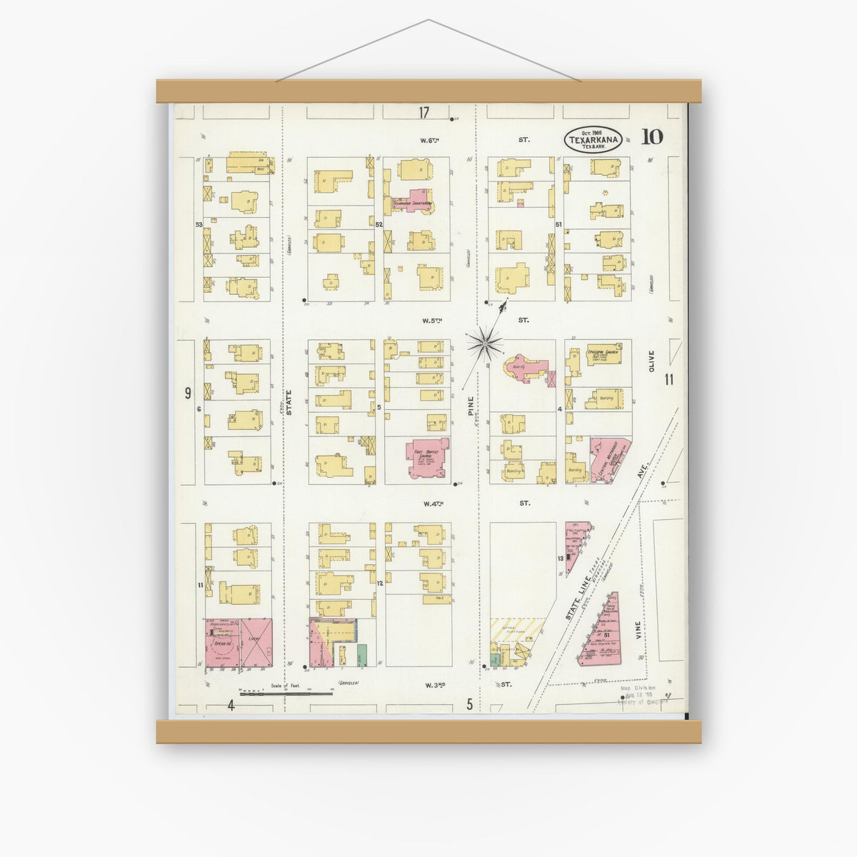 Old map wall art mockup — magnetic wood frame on white wall — Sanborn Fire Insurance Map from Texarkana, Bowie County, Texas (1905), Sheet #0010