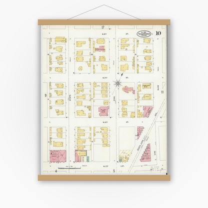 Old map wall art mockup — magnetic wood frame on white wall — Sanborn Fire Insurance Map from Texarkana, Bowie County, Texas (1905), Sheet #0010