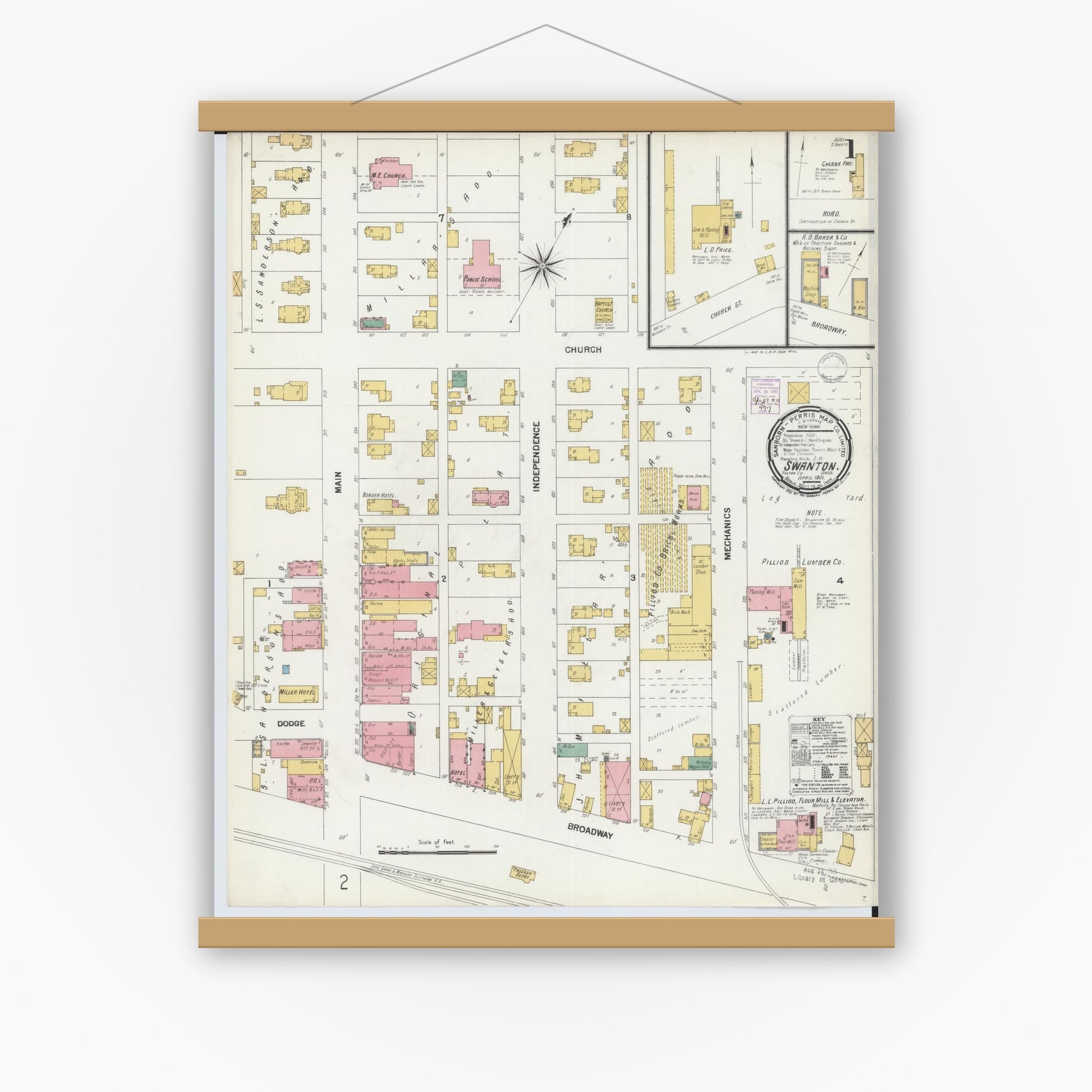 Old map wall art mockup — magnetic wood frame on white wall — Sanborn Fire Insurance Map from Swanton, Fulton County, Ohio (1901) - Complete Map Set