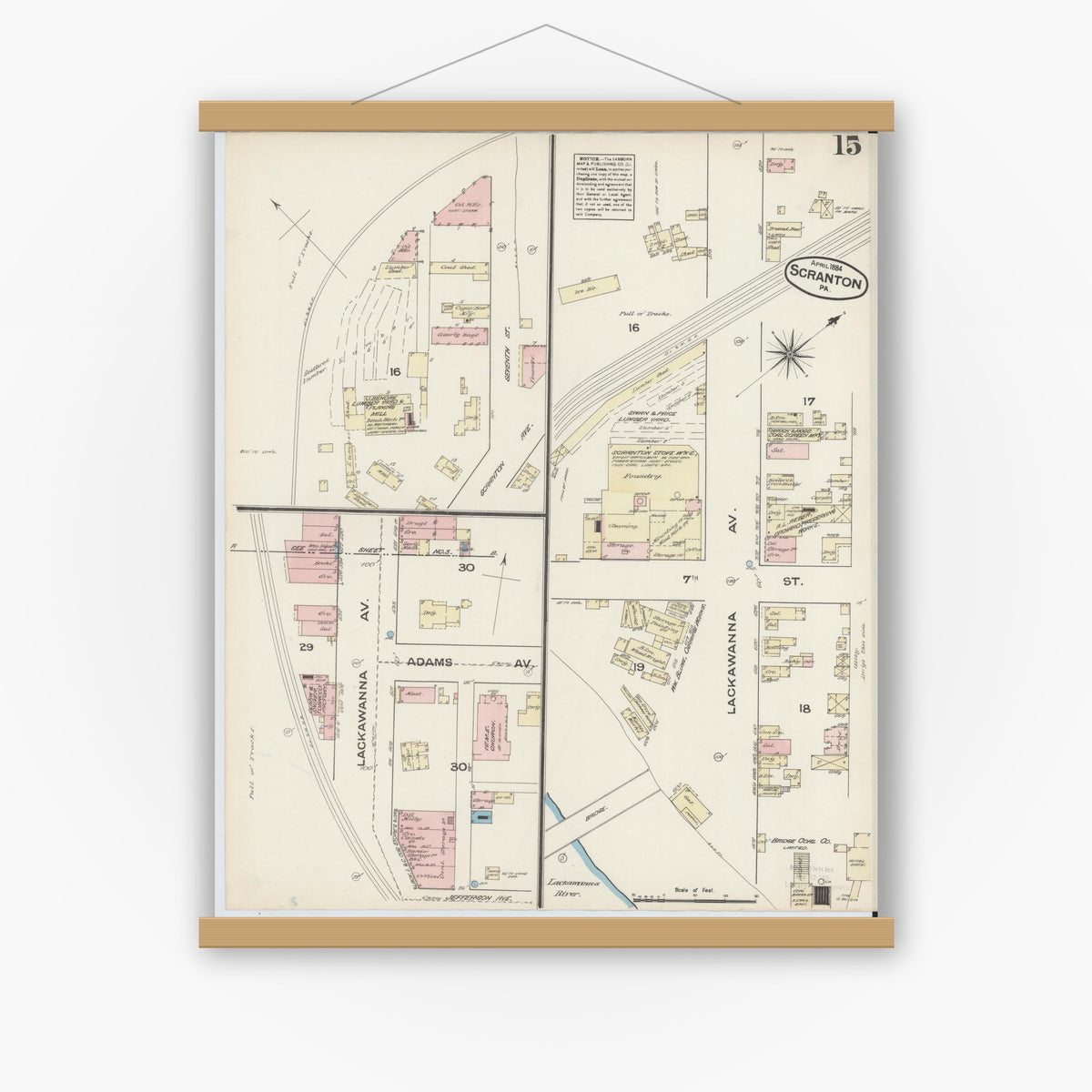Old map wall art mockup — magnetic wood frame on white wall — Sanborn Fire Insurance Map from Scranton, Lackawanna County, Pennsylvania (1884), Sheet #0015