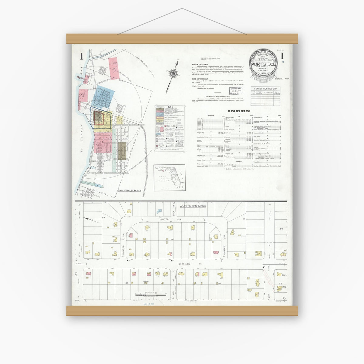 Old map wall art mockup — magnetic wood frame on white wall — Sanborn Fire Insurance Map from Port Saint Joe, Gulf County, Florida (1940) - Complete Map Set