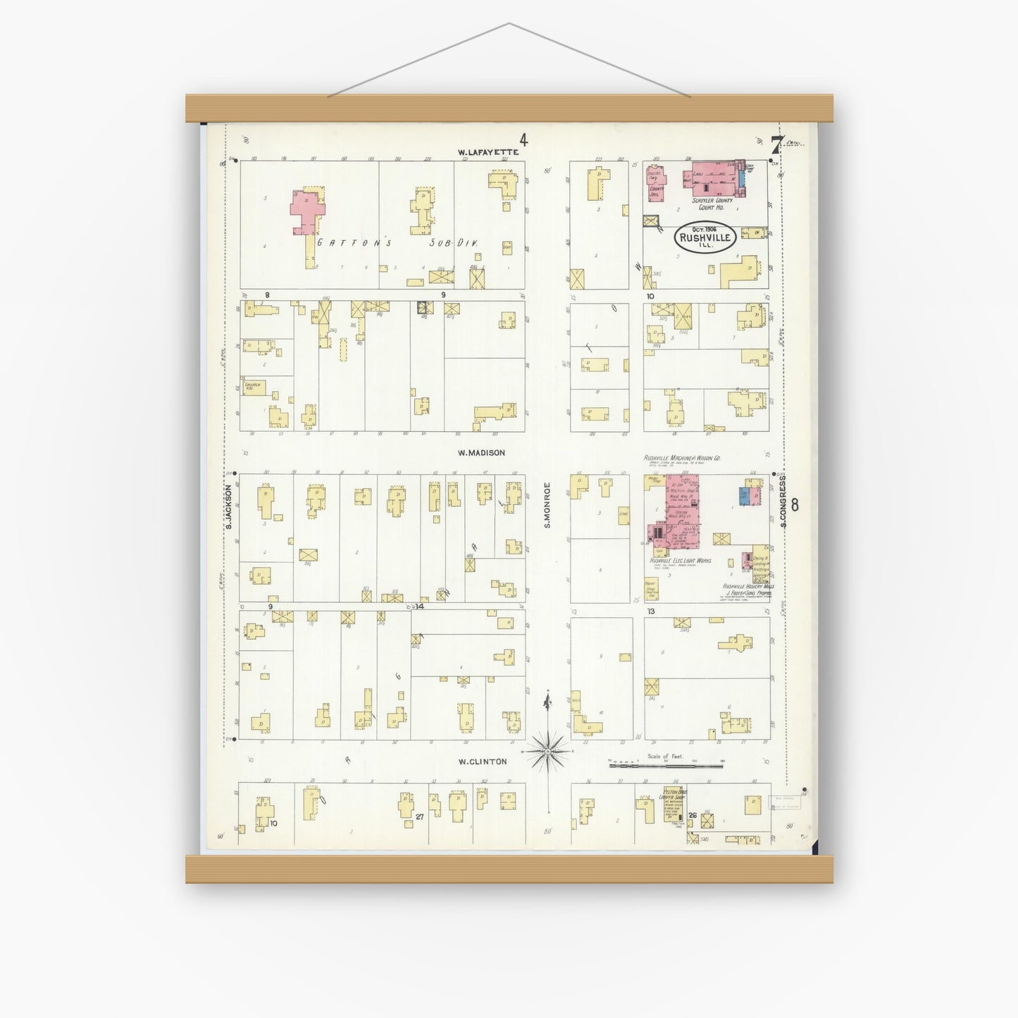 Old map wall art mockup — magnetic wood frame on white wall — Sanborn Fire Insurance Map from Rushville, Schuyler County, Illinois (1906), Sheet #0007