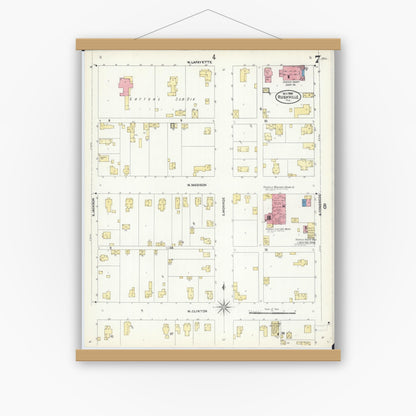Old map wall art mockup — magnetic wood frame on white wall — Sanborn Fire Insurance Map from Rushville, Schuyler County, Illinois (1906), Sheet #0007