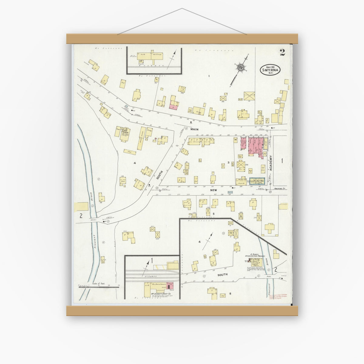 Old map wall art mockup — magnetic wood frame on white wall — Sanborn Fire Insurance Map from Smyrna, Chenango County, New York (1911), Sheet #0002
