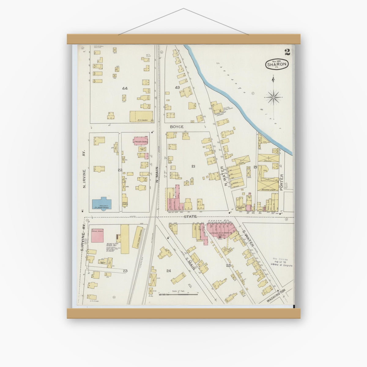 Old map wall art mockup — magnetic wood frame on white wall — Sanborn Fire Insurance Map from Sharon, Mercer County, Pennsylvania (1893), Sheet #0002