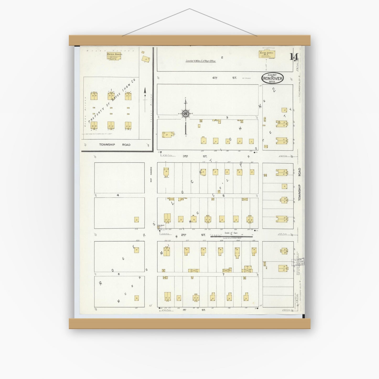 Old map wall art mockup — magnetic wood frame on white wall — Sanborn Fire Insurance Map from Iron River, Iron County, Michigan (1917), Sheet #0014