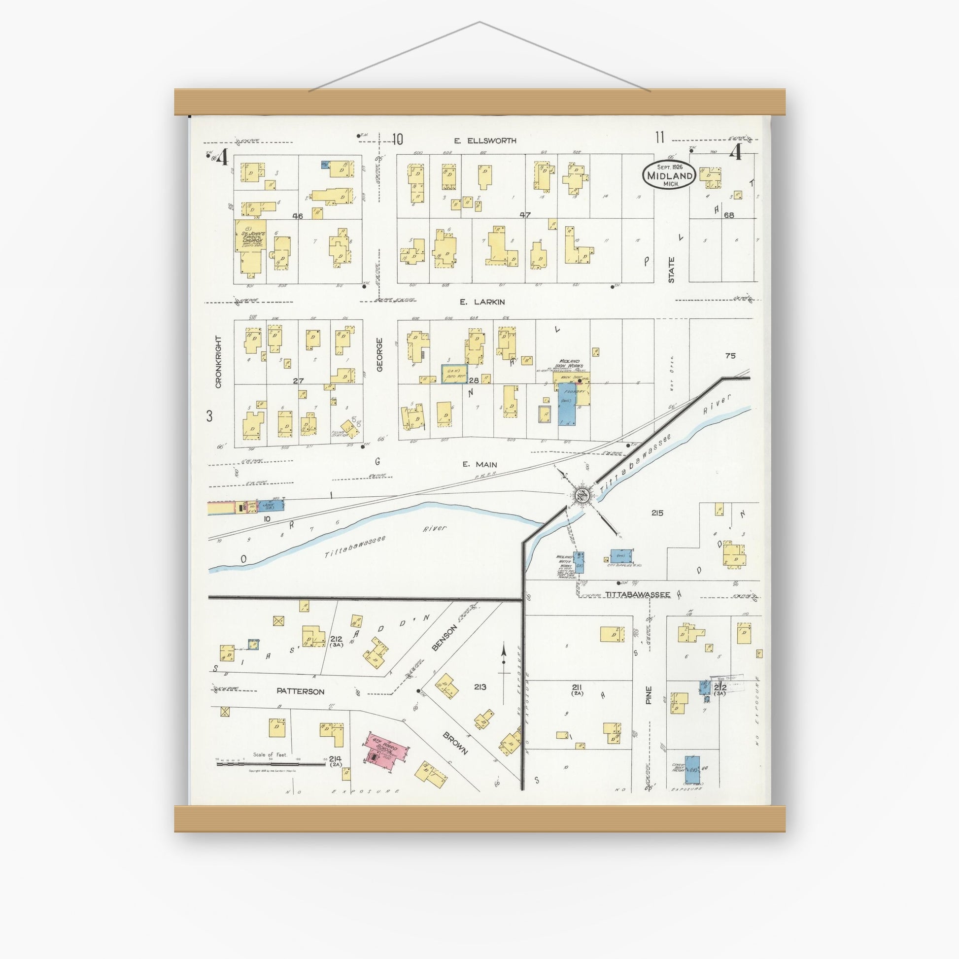 Old map wall art mockup — magnetic wood frame on white wall — Sanborn Fire Insurance Map from Midland, Midland County, Michigan (1926), Sheet #0004