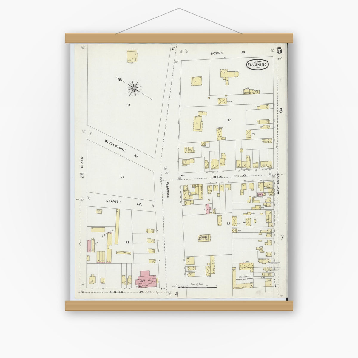 Old map wall art mockup — magnetic wood frame on white wall — Sanborn Fire Insurance Map from Flushing, Queens County, New York (1897), Sheet #0005