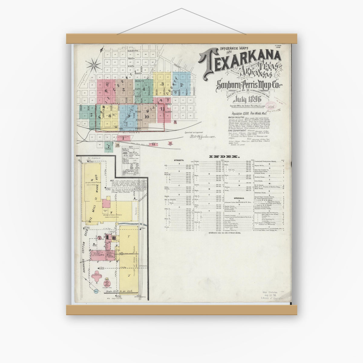 Old map wall art mockup — magnetic wood frame on white wall — Sanborn Fire Insurance Map from Texarkana, Bowie County, Texas (1896) - Complete Map Set