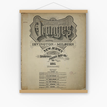 Old map wall art mockup — magnetic wood frame on white wall — Sanborn Fire Insurance Map from Orange, Essex County, New Jersey (1895), Sheet #0001