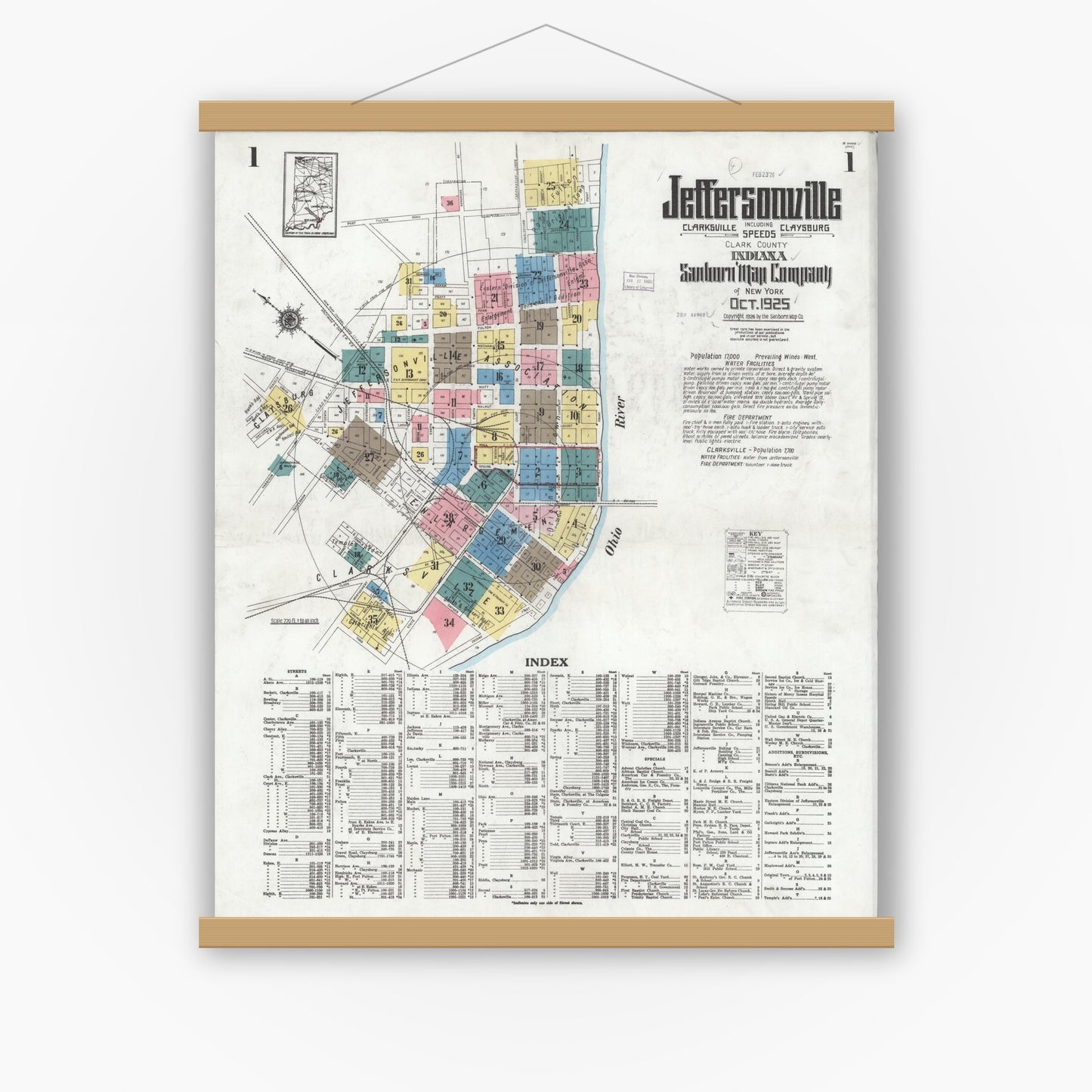 Old map wall art mockup — magnetic wood frame on white wall — Sanborn Fire Insurance Map from Jeffersonville, Clark County, Indiana (1925), Sheet #0001