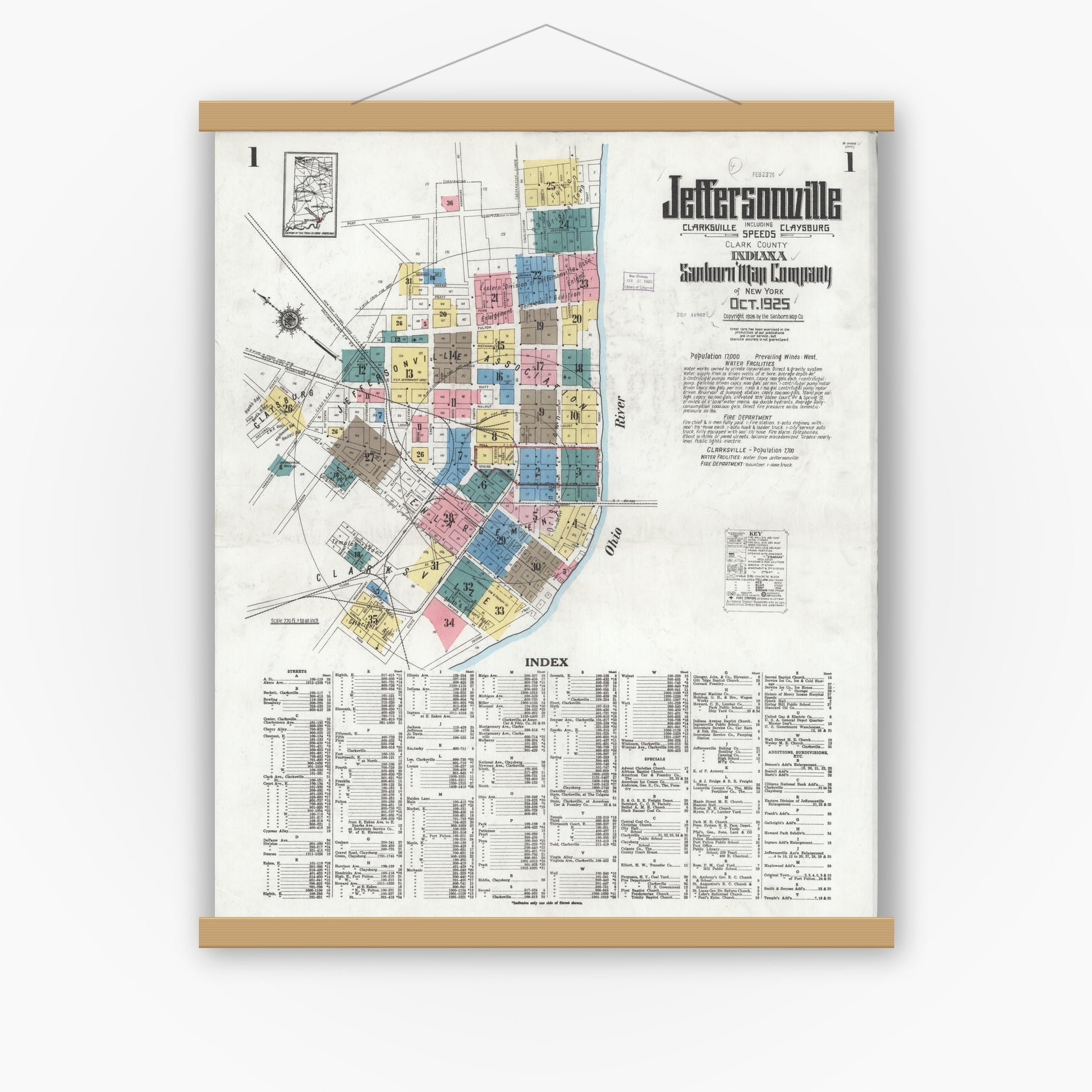 Old map wall art mockup — magnetic wood frame on white wall — Sanborn Fire Insurance Map from Jeffersonville, Clark County, Indiana (1925), Sheet #0001